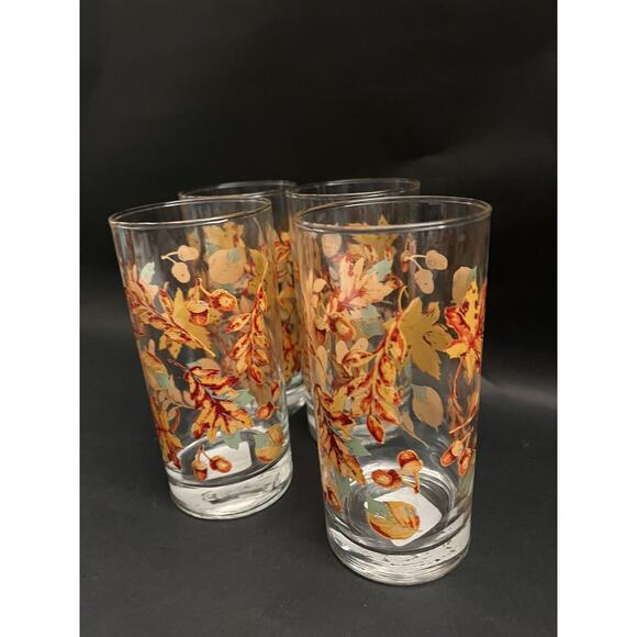 5 Drinking Glasses Fall Autumn Leaf Acorn Greenbrier Int'l Orange Green Yellow - Picture 3 of 5